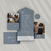 Boho Chic Stofblauw Voor- en Achterkant Trouw Kaart