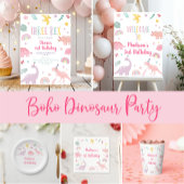 Roze Boho Dinosaurus Verjaardag Kaart