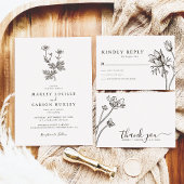 Boho Wildflower Line Art White Texture Wedding Kaart