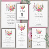 Boho Maan Kristallen Veren Roze Bloemen Bruiloft Bedankkaart