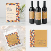 Boho Mosterd Blauw Bloemen Vrijgezellenfeest Dank  Wijn Etiket