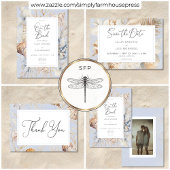 Boho Ocean Dusty Blue op het strand bruiloft RSVP Kaartje