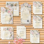 Boho Pampas en Roze Roses Gele QR-code All In One Uitnodiging