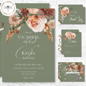 Boho Perzik & Rust Bloemen Salie Groen QR Code RSVP Kaartje