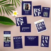 Stijlvolle Navy Blue RSVP-kaarten voor bruiloft QR RSVP Kaartje