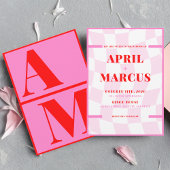 Vet Typografie Vibrant roze rood monogram bruiloft All In One Uitnodiging