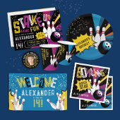 Cool Retro Blauw Zwart Bowling Pin Verjaardagsfees Papieren Bordje