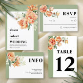 Tak met perzik rozen salie groene bloemenbruiloft plaatskaartje