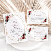 Burgundy Red Flowers, roze bloemen, Baby shower All In One Uitnodiging