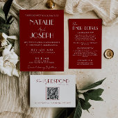 Elegant White Burgundy Minimalist QR Code Wedding Kaart