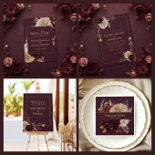 Burgundy Floral Gothic Wedding Details Card Kaart