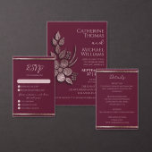 Modern Elegant Roos Gold Glitter Floral & Burgundy Folie Uitnodiging (Personaliseer de collectie van deze zelfstandige maker.)