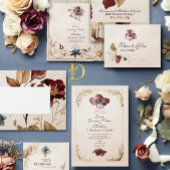 Elegante Bourgogne Gouden Bloemen Huwelijksuitnodi Kaart