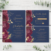 Bourgondische bloem goud script Navyblauw bruiloft Kaart (Personaliseer de collectie van deze zelfstandige maker.)
