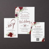 Rustieke Boho Rozen Burgundy Blush QR Code Trouwen Kaart (Personaliseer de collectie van deze zelfstandige maker.)