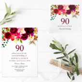 Roze Marsala Flowers 90th Birthday Party Invite Kaart