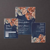 Rustiek Terracotta Bloemen Marine Blauw QR Code Br All In One Uitnodiging (Personaliseer de collectie van deze zelfstandige maker.)