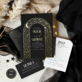 Maan en Sterren Boog Hemelse Zwarte Huwelijksfoto Drieluik Uitnodiging