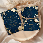 Navy Gold Celestial Crescent Moon Vrijgezellenfees Informatiekaartje