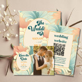 QR Code Boho Retro Kleurrijke Bloemen Bruiloft All In One Uitnodiging