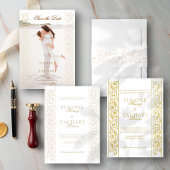 Chic Formal Ecru Scrollwork Border Wedding Informatiekaartje