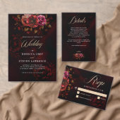 Elegante rode zwarte bloemen bruiloft romantische  all in one uitnodiging (Personaliseer de collectie van deze zelfstandige maker.)