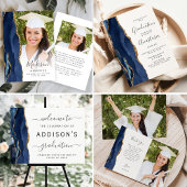 Foto Navy Blue Agate Gold Script Afstuderen Bedankkaart