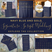 Navy Blue and Gold Signature Script Weduwen Uitnodiging Briefkaart