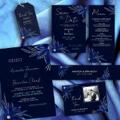 Chic Zilver & Marine Blauwe Bloemen Huwelijk Save The Date
