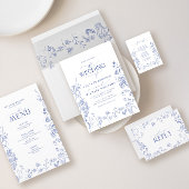 QR Code Chinoiserie Frans Blauw Bloemen Bruiloft Kaart