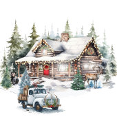 Log Cabin in the Mountains Christmas Round Label
