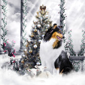 Kerstaxis, Blauwe Merle Rough Collie & Lambs - Folie Feestdagenkaart