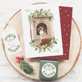 Kerstbladeren & rode winterbessen familienaam etiket