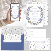 Blauwe irissen bloemenkrans boho bruiloft uitnodig kaart