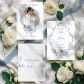 Klassiek Elegant Stofblauw Bloem Huwelijk Programmakaart