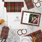 Classic Red Plaid Kerstnaam Monogram 1 Foto Feestdagenkaart