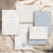 Blue Floral Romantic Calligraphy with QR Code RSVP Kaartje