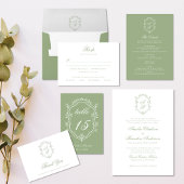 Classic Sage Green & White Monogram Crest Wedding Etiket