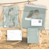 Retro whimsical script beach destination wedding RSVP kaartje
