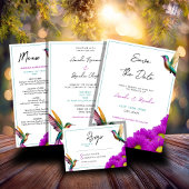 Kleurrijke kolibries Paarse madeliefjes bruiloft Menu