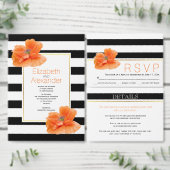 Zwart witte strepen en koraal papaver bloem bruilo ronde sticker (Personaliseer de collectie van deze zelfstandige maker.)