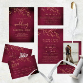 Crimson Rood & Goud Botanische Elegante Bruiloft Kaart