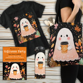 Cute Autumn Ghost with Pumpkin Coffee – Cozy Fall  T-shirt