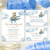 Schattige Beer Vliegtuig Blue Boy Baby shower Papieren Bordje