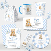 Blauw bloemig teddybeer baby shower inpakpapier