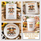 Cute Crazy Cow Farm Theme 1st Birthday Kaart