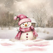 Roze Sneeuwman Vintage Kerst Flat Vakantie Kaart