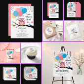 Schattigee Roze Uil met Ballonnen & Confetti Baby  Bedankkaart