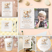 Teddy Bear 4th Birthday Photo Invitation for Boys Kaart