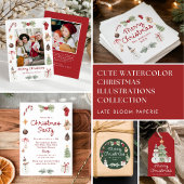 Cute Watercolor Merry Christmas Red Family Photo Feestdagenkaart